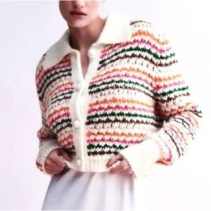 Zara Chunky Knit Blogger Favorite Rainbow Stripe Cardigan Sweater Size S